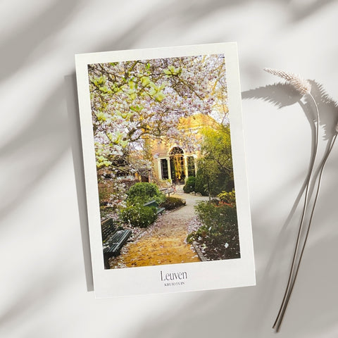 A vertical art print or postcard featuring a garden scene with a yellow building, blooming cherry blossoms, and a pathway, displayed on a white surface with decorative dried wheat stems and soft shadows. The print has a white border and the word 'Leaven' printed at the bottom.