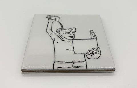 Ceramic coaster set featuring a detailed illustration of Leuven city symbol Fonske.