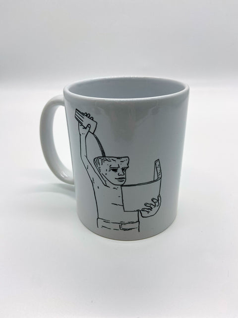 White ceramic mug featuring an illustrated design of Leuven city symbol, Fonske statue.