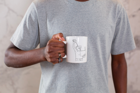 White ceramic mug featuring an illustrated design of Leuven city symbol, Fonske statue.