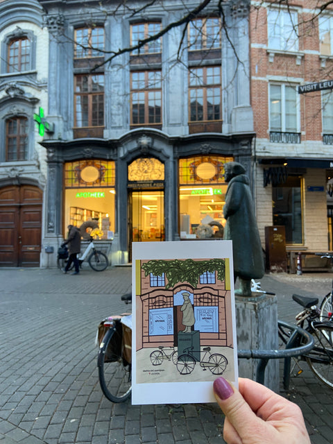 Erasmus, Leuven Gift Postcard Series featuring colorful and artistic illustrations blending fantasy and reality. Perfect for sending messages, gifting, or home decor