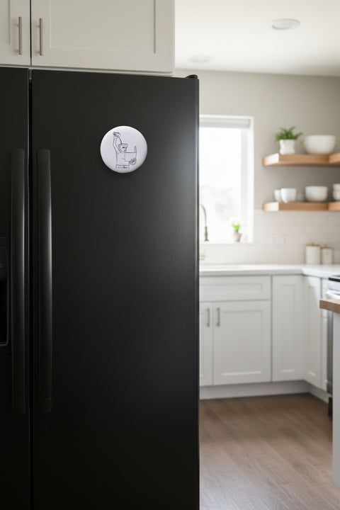 Round shape fridge magnet with Fonske illustration on it.