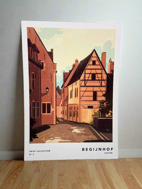 Illustrated print of Leuven featuring iconic landmarks, Begijnhof with charming details.