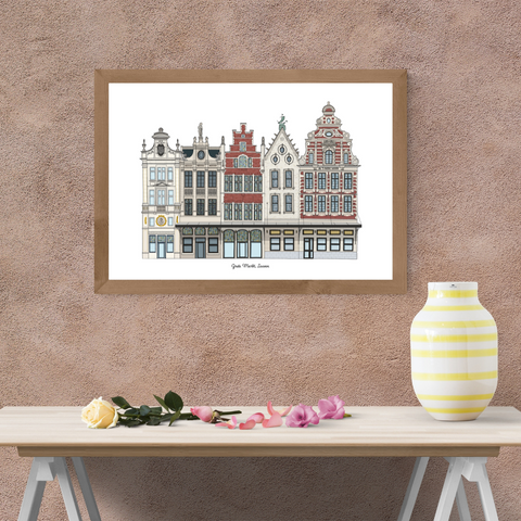 poster and postcard featuring illustrated heritage houses of Leuven’s Grote Markt, showcased in elegant interiors and styled gift settings.