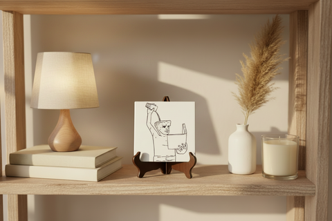 a coaster that illustrates the statue 'Fonske' from Leuven on a shelf with other objects