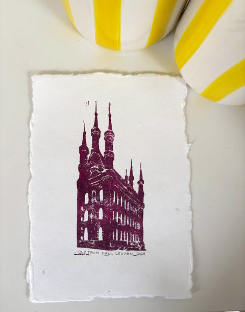 Poster-Lino Print on handmade paper– Leuven Town Hall