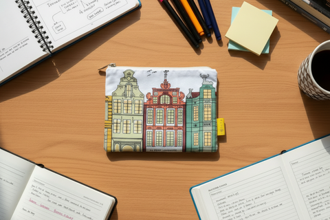 Pouch with architectural design on a white background