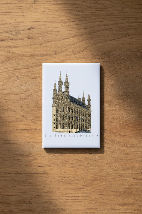 Fridge magnet with Old Town Hall Leuven design on a light background