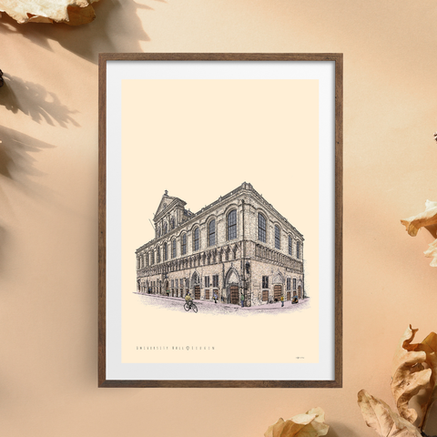 Illustrated poster of KU Leuven’s University Hall displayed on premium paper, celebrating the university’s 600th anniversary.