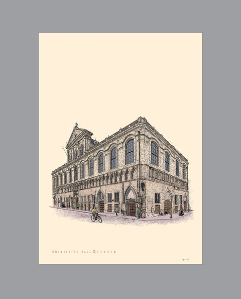Illustrated poster of KU Leuven’s University Hall displayed on premium paper, celebrating the university’s 600th anniversary.