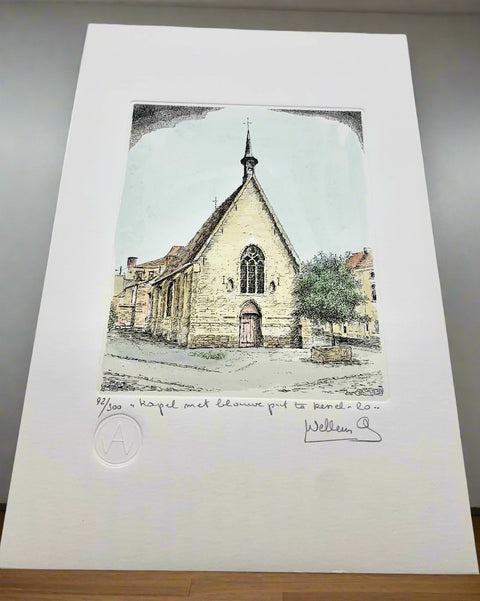 Limited-edition etching of Kapel_met_Blouwe_punt in Leuven by Belgian artist André Wellens. Handmade using traditional acid etching on eco-friendly paper. A rare collector’s piece, individually signed and numbered, with no reprints available. Perfect gift for architecture and fine art lovers.