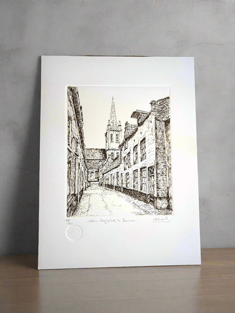 Limited-edition etching of Klein Begijnhof in Leuven by Belgian artist André Wellens. Handmade using traditional acid etching on eco-friendly paper. A rare collector’s piece, individually signed and numbered, with no reprints available. Perfect gift for architecture and fine art lovers.