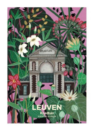 A botanical art print of Leuven, Belgium, featuring a central illustration of the historic cathedral surrounded by lush green leaves, white flowers, and red blossoms on a textured pink background.