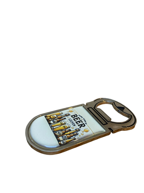 Metal bottle opener with a colorful design featuring various beer bottles and glasses, and the text “Home Town of Beer – Leuven” on a cream background.