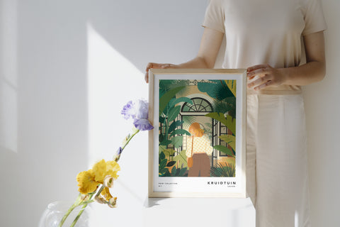 Illustrated print of Leuven featuring iconic landmark, Botanical Garden with charming details.