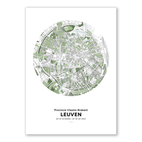 A framed poster featuring a detailed geographical map of Leuven with green and white topographic elements and coordinates is titled “Provincie Vlaams-Brabant Leuven.