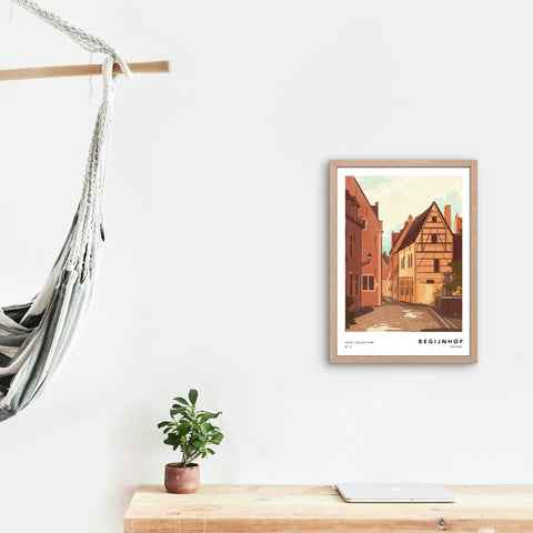 Illustrated print of Leuven featuring iconic landmarks, Begijnhof with charming details.