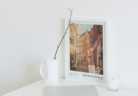 Illustrated print of Leuven featuring iconic street, Mechelsestraat with charming details.