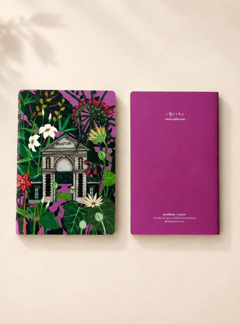 Two notebooks displayed side by side on a warm beige background. The left notebook features a colorful botanical and architectural illustration with green leaves, pink flowers, and a gray building.