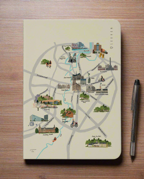 Notebook with a colorful illustrated map of Leuven landmarks, including parks, historical buildings, and key city spots, printed on a light beige cover.