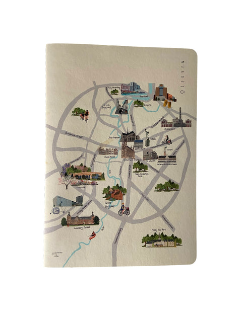 Notebook with a colorful illustrated map of Leuven landmarks, including parks, historical buildings, and key city spots, printed on a light beige cover
