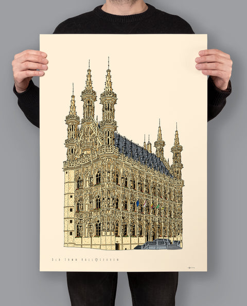 Poster featuring a detailed architectural illustration of Leuven’s Old Town Hall, with the text “Old Town Hall • Leuven” on a cream background.