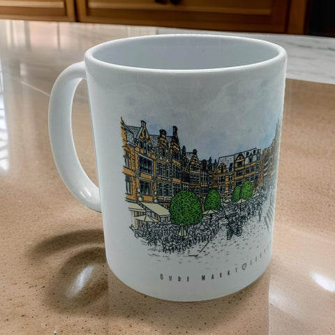 White ceramic mug featuring an illustrated design of Leuven's iconic landmark Oude Markt.