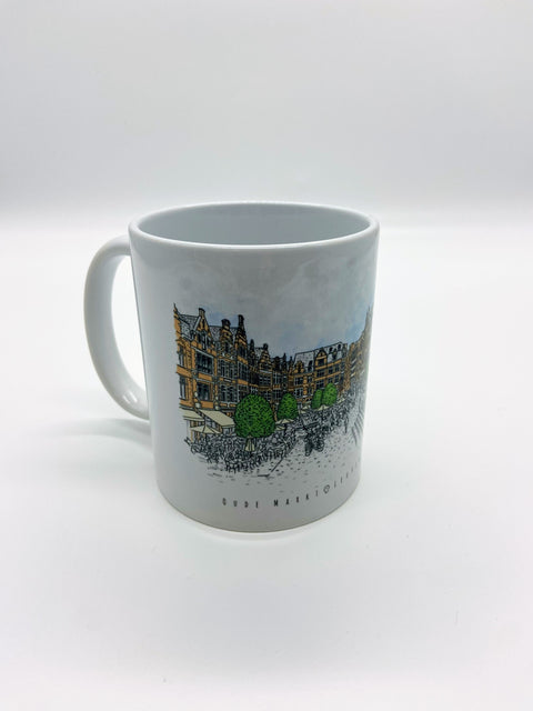 White ceramic mug featuring an illustrated design of Leuven's iconic landmark Oude Markt.