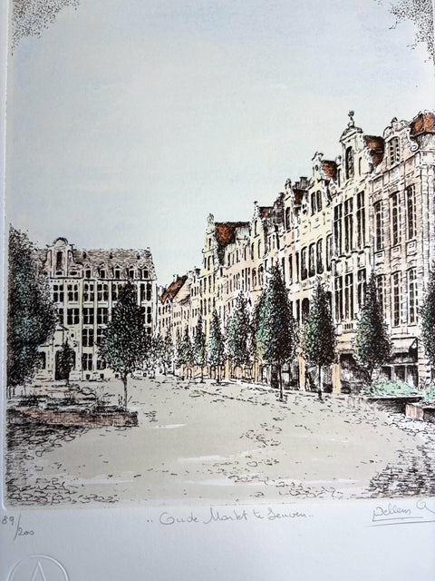 Limited-edition etching of Oude Markt in Leuven by Belgian artist André Wellens. Handmade using traditional acid etching on eco-friendly paper. A rare collector’s piece, individually signed and numbered, with no reprints available. Perfect gift for architecture and fine art lovers.