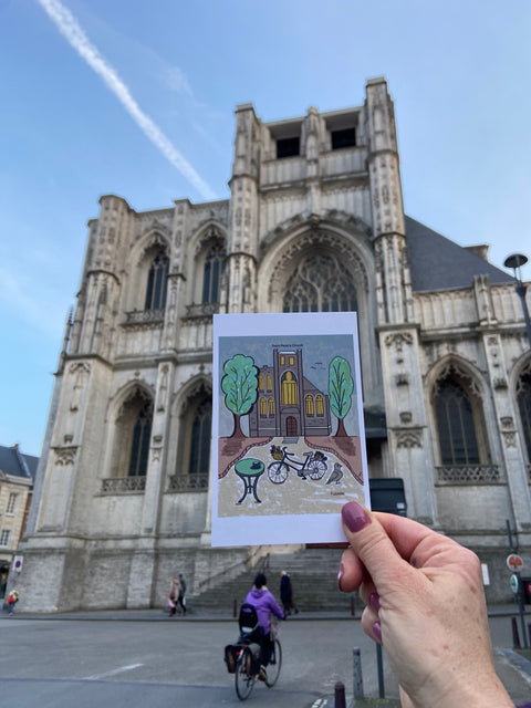 St Peter's Church, Leuven Gift Postcard Series featuring colorful and artistic illustrations blending fantasy and reality. Perfect for sending messages, gifting, or home decor