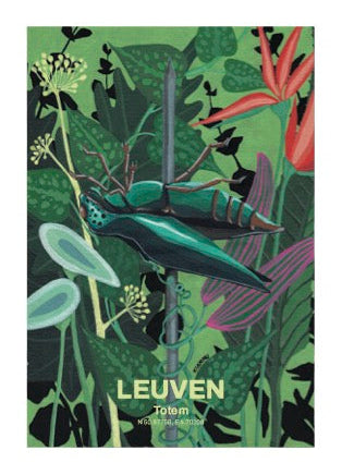 A square art print featuring a stylized botanical illustration with a large green beetle on a branch surrounded by leaves and flowers. The word 'LEUVEN' appears vertically on the left side.