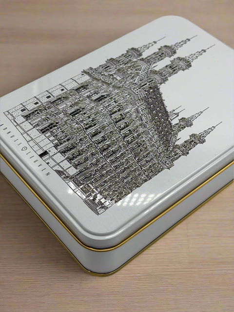 EA rectangular metal tin box with a black line of art illustration of Leuven’s
iconic landmark, OLD own Hall, on the lid.