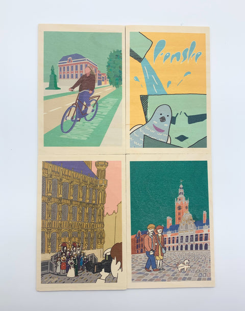 A beautifully designed set of four decorative wooden accessories featuring illustrations of Leuven. perfect for gifting or decorating.
