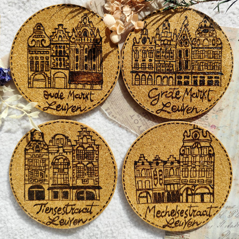 Wooden Cork Coaster Set 1- Iconic Leuven Landmarks