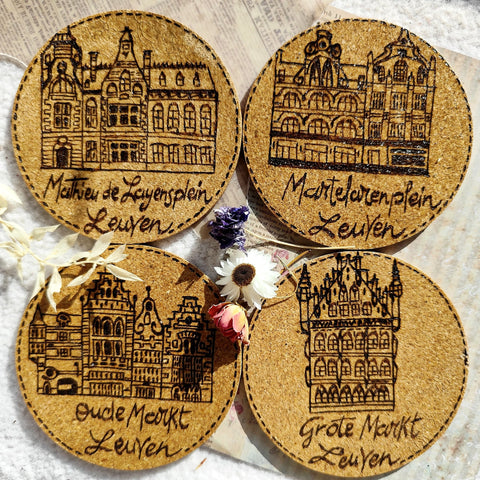 Wooden Cork Coaster Set 2- Iconic Leuven Landmarks