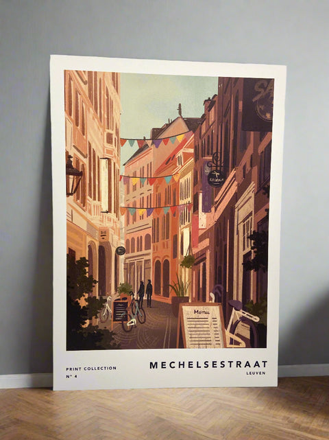 Illustrated print of Leuven featuring iconic street, Mechelsestraat with charming details.