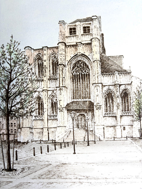Limited-edition etching of St Pieterskerk in Leuven by Belgian artist André Wellens. Handmade using traditional acid etching on eco-friendly paper. A rare collector’s piece, individually signed and numbered, with no reprints available. Perfect gift for architecture and fine art lovers.
