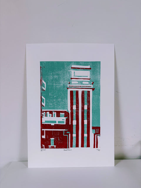 Handmade lino print depicting the Vaartkom area, signed by the artist.