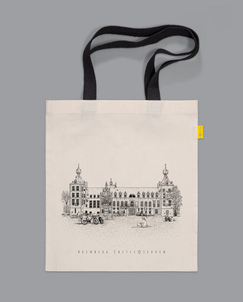 Canvas tote bag with black handles featuring a line art illustration of Leuven’s heritage 'Arenberg Castle'