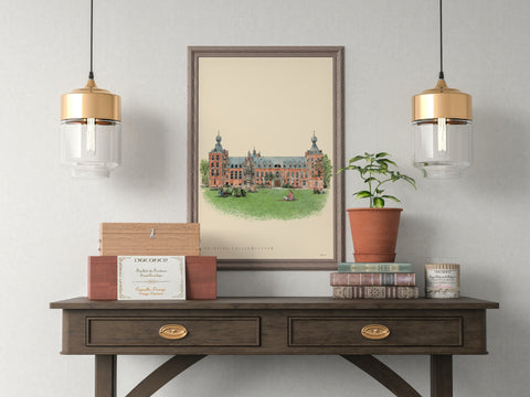 Poster featuring a detailed architectural illustration of Leuven’s Arenberg Castle, with the text “Arenberg Castle • Leuven” on a cream background.