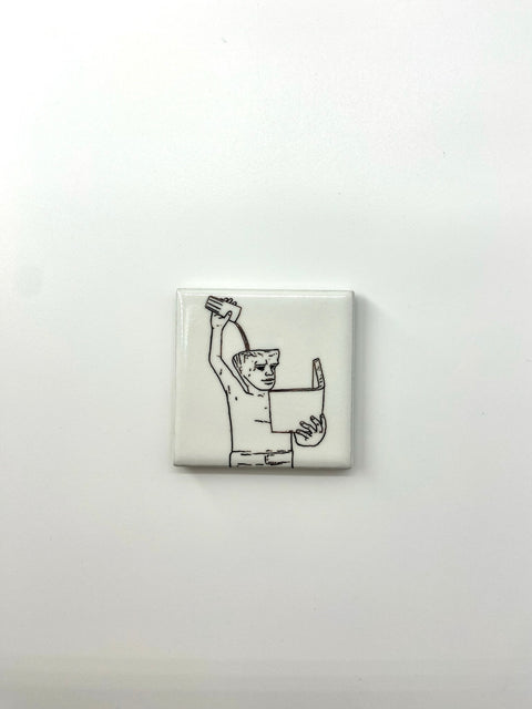 Ceramic fridge magnet featuring a detailed illustration of Leuven city symbol, Fonske.