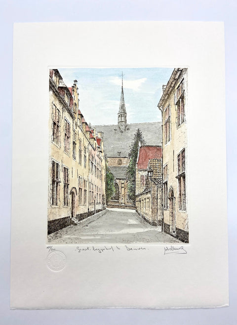 Limited-edition etching of Groot Begijnhof in Leuven by Belgian artist André Wellens. Handmade using traditional acid etching on eco-friendly paper. A rare collector’s piece, individually signed and numbered, with no reprints available. Perfect gift for architecture and fine art lovers.