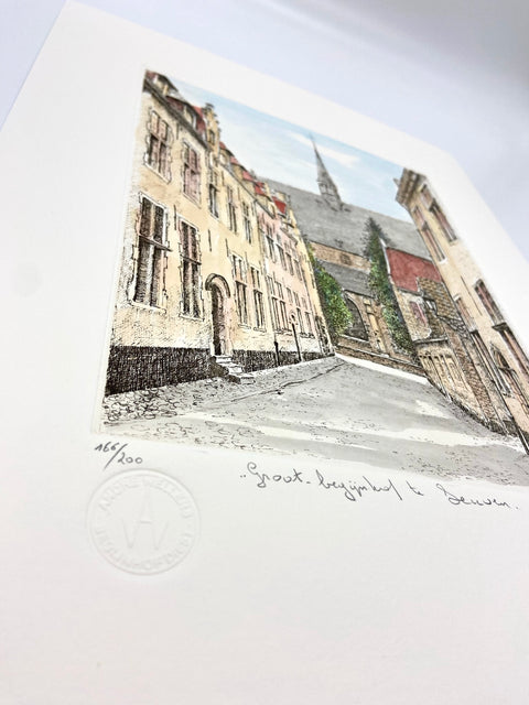 Limited-edition etching of Groot Begijnhof in Leuven by Belgian artist André Wellens. Handmade using traditional acid etching on eco-friendly paper. A rare collector’s piece, individually signed and numbered, with no reprints available. Perfect gift for architecture and fine art lovers.