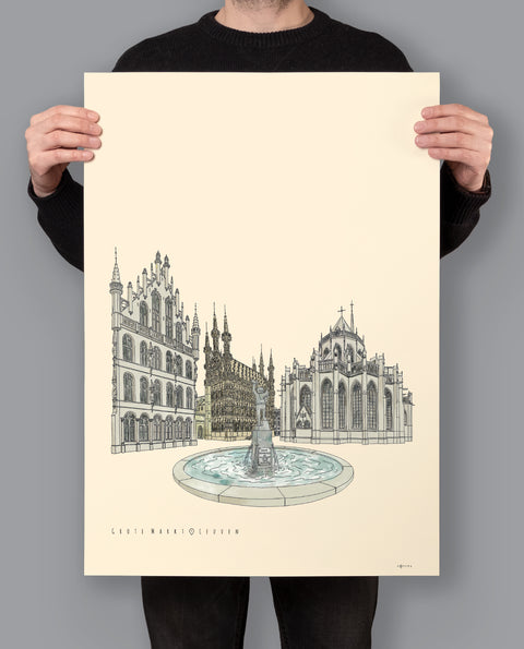 Poster featuring a detailed illustration of Leuven’s iconic square Grote Markt, with the text “Grote Markt • Leuven” on a cream background.