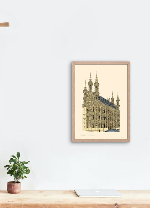 Poster featuring a detailed architectural illustration of Leuven’s Old Town Hall, with the text “Old Town Hall • Leuven” on a cream background.