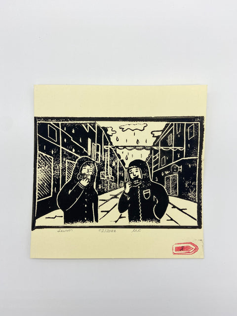 Postcard- Lino print 'Luikse wafel met vrienden'