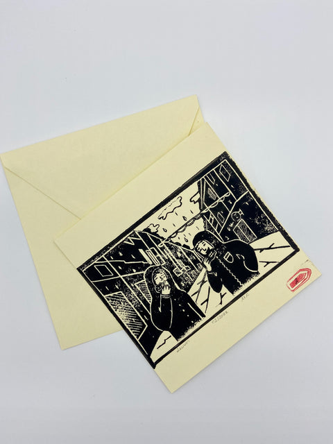Postcard- Lino print 'Luikse wafel met vrienden'