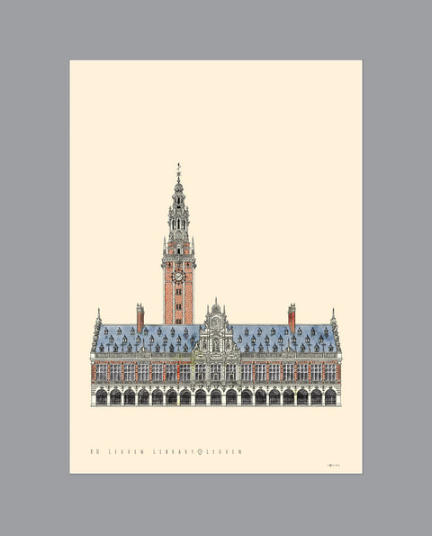 Poster featuring a detailed architectural illustration of Leuven’s University Library with the text “KU Leuven Library • Leuven” on a cream background.