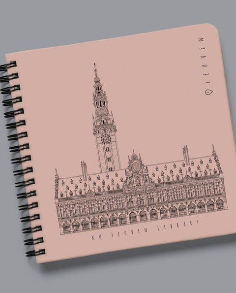 Spiral-bound Leuven notebook featuring Arenberg Castle and KU Leuven Library designs. Sturdy hardcover with durable metal binding and 80 acid-free blank pages. Compact 15x15 cm size, perfect for sketching, writing, or note-taking. A stylish and practical gift for Leuven lovers, students, and creatives.