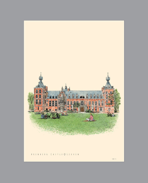 Poster featuring a detailed architectural illustration of Leuven’s Arenberg Castle, with the text “Arenberg Castle • Leuven” on a cream background.
